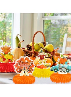 HOWAF 9 Pcs Hello Fall Party Decorations Pumpkin Honeycomb Centerpiece,Happy Fall Table Toppers For Happy Thanksgiving Party Supplies,Thanksgiving Fall Table Centerpieces  - Image 4
