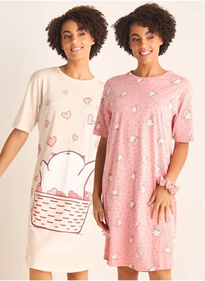 FAV Set of 2 - All-Over Print Sleepshirt with Short Sleeves