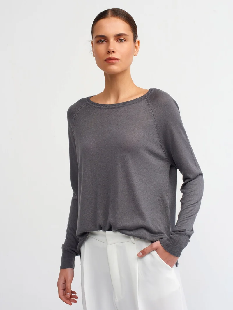 ديلفين 10536 Crew Neck Basic Fine Knitwear Sweater-Smoked