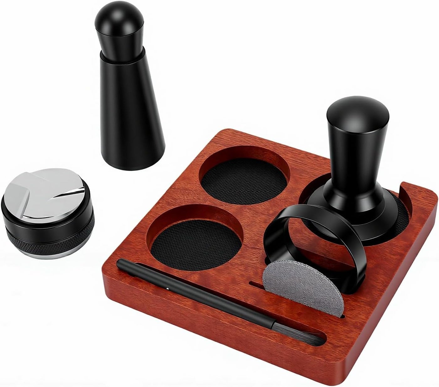 Air & land transit compatible Zunate Coffee Machine Accessories Kit, 51mm Coffee Tamping Station with Spring Loaded Tamper, Needle Type Distribution Tool, Dosing Funnel & Puck Screen for Multi-budget 