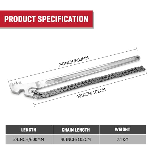 AUPREX 24 Inch Heavy Duty Carbon Steel Pipe Wrench, Fits Max 12 Inch Diameter, Adjustable Large Chain Oil Filter Wrench for Universal Use - Image 2