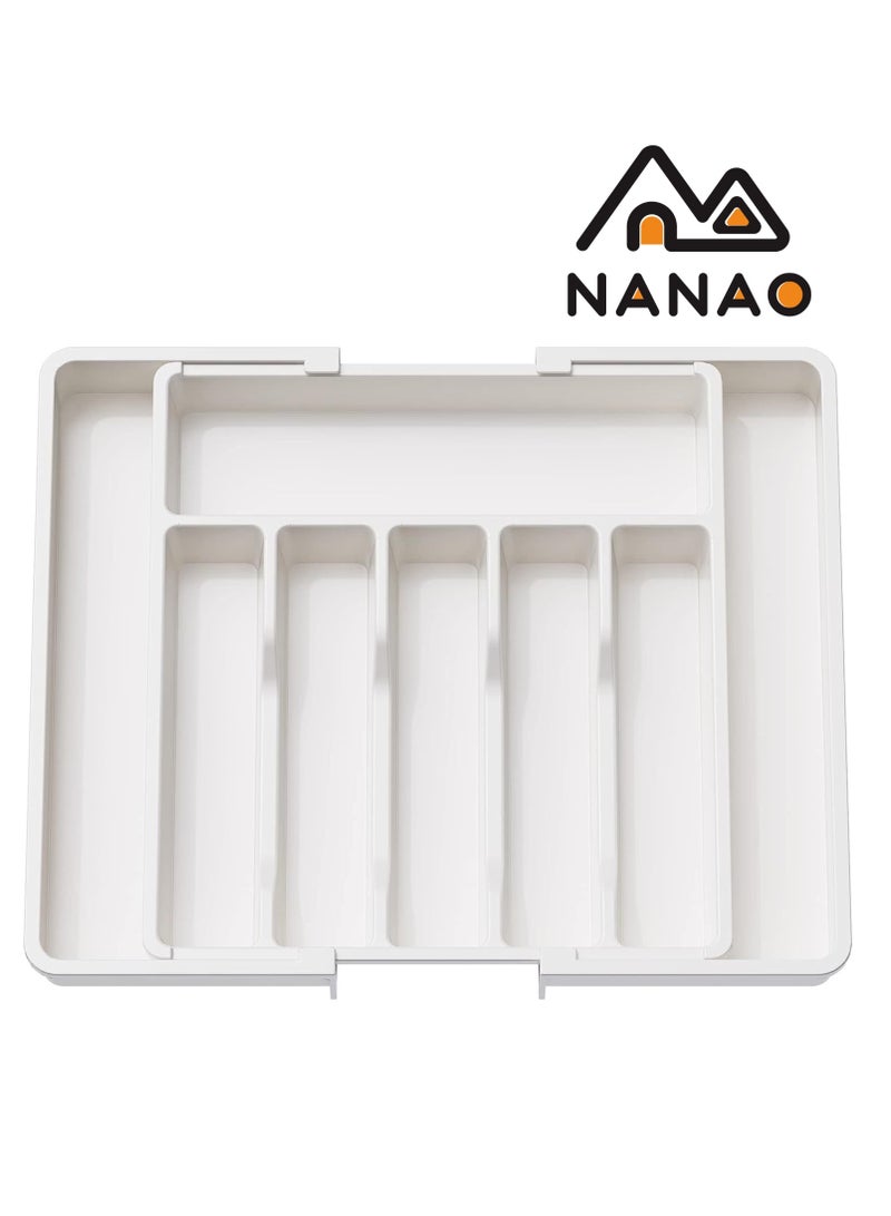 ناناو منظّم أدراج الفضيات منظم درج المطبخ منظم الأواني الفضية القابل للتوسيع والضبط -حامل الأواني ودرج أدوات المائدة المزود بأقسام الأدراج المسطحة وأواني المطبخ (أبيض) - Image 1