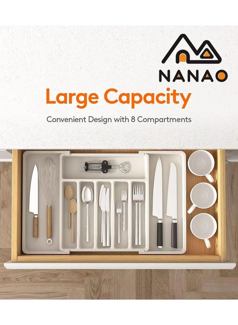 ناناو منظّم أدراج الفضيات منظم درج المطبخ منظم الأواني الفضية القابل للتوسيع والضبط -حامل الأواني ودرج أدوات المائدة المزود بأقسام الأدراج المسطحة وأواني المطبخ (أبيض) - Image 3