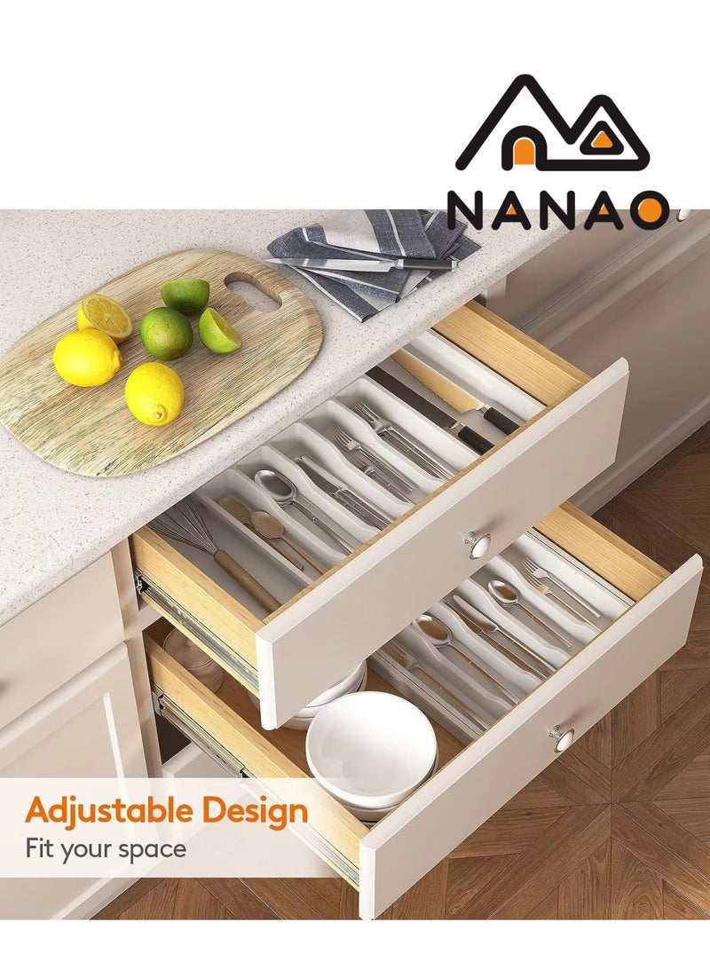 ناناو منظّم أدراج الفضيات منظم درج المطبخ منظم الأواني الفضية القابل للتوسيع والضبط -حامل الأواني ودرج أدوات المائدة المزود بأقسام الأدراج المسطحة وأواني المطبخ (أبيض) - Image 5