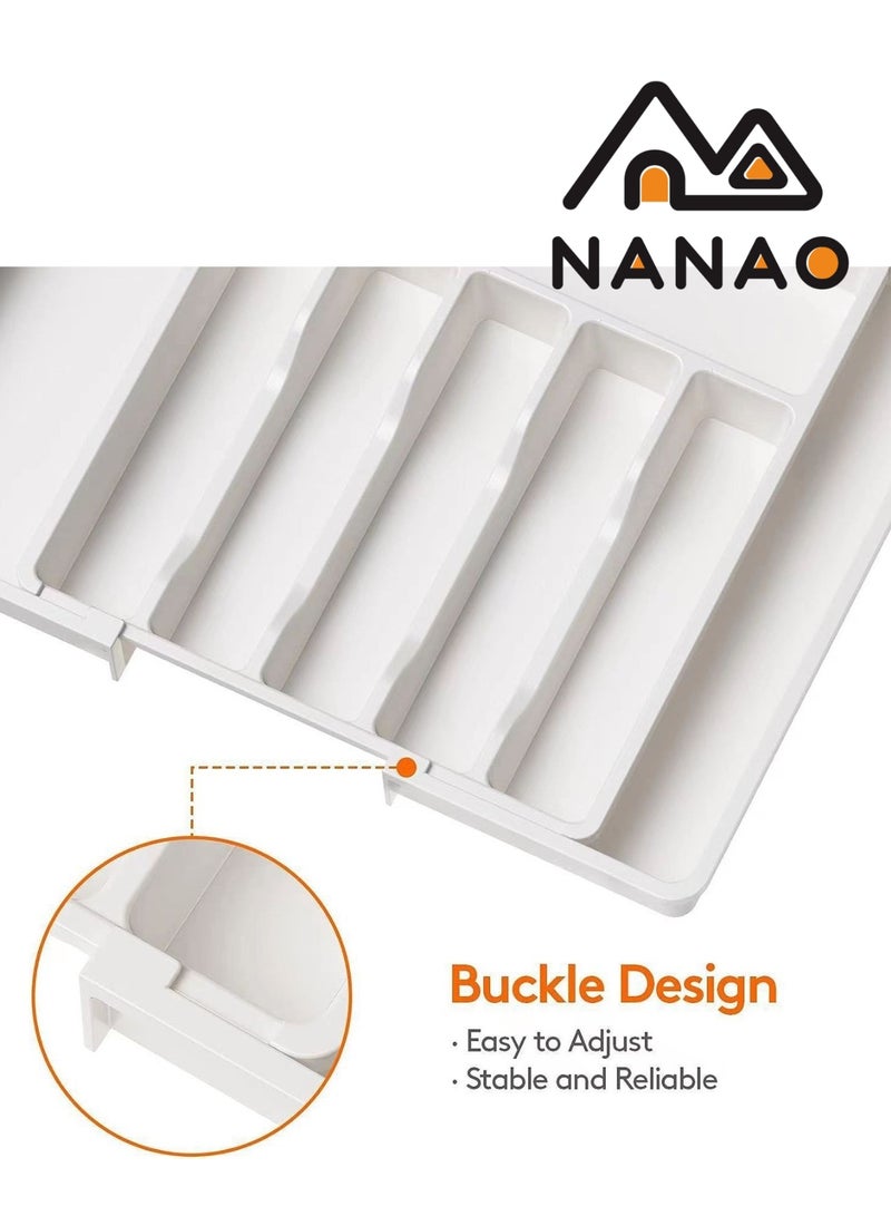 ناناو منظّم أدراج الفضيات منظم درج المطبخ منظم الأواني الفضية القابل للتوسيع والضبط -حامل الأواني ودرج أدوات المائدة المزود بأقسام الأدراج المسطحة وأواني المطبخ (أبيض) - Image 2