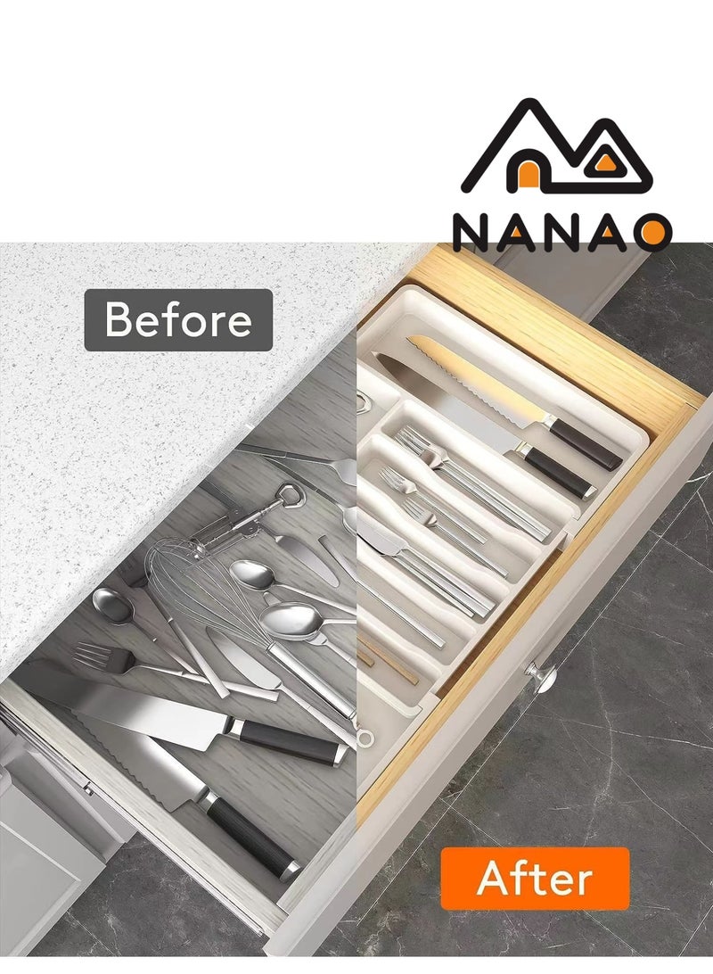 ناناو منظّم أدراج الفضيات منظم درج المطبخ منظم الأواني الفضية القابل للتوسيع والضبط -حامل الأواني ودرج أدوات المائدة المزود بأقسام الأدراج المسطحة وأواني المطبخ (أبيض) - Image 4