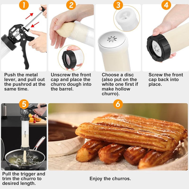 PAHTTO Churro Maker Kit, Hollow Churro Machine, Churro Maker Gun with Piping Bag and 2 Cleaning Brushes, 5 Nozzles for Various Shapes, Máquina para Hacer Churros, Perfect Gift - Image 4