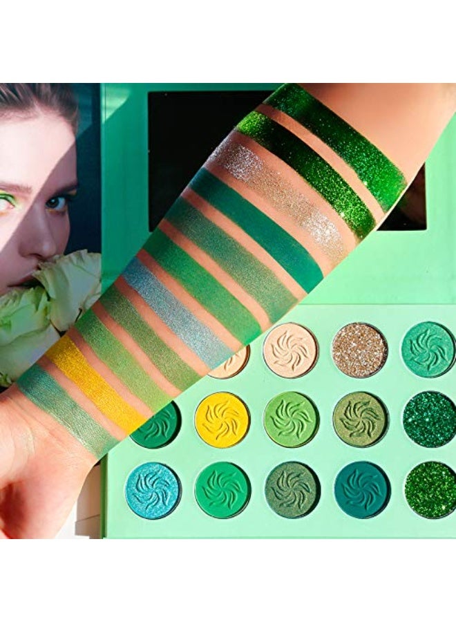 DE'LANCI Avocado Green Eyeshadow Palette 15 Colors, Highly Pigmented Eyeshadow Pallete Matte Shimmer Glitter Eye Shade Grinch Makeup, Long Wear Cruelty Free Nude Yellow Emerald Green Eye Shadow Pallet - Image 2