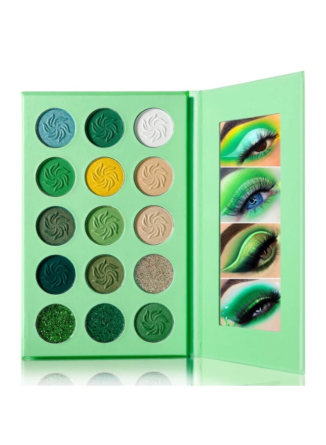 DE'LANCI Avocado Green Eyeshadow Palette 15 Colors, Highly Pigmented Eyeshadow Pallete Matte Shimmer Glitter Eye Shade Grinch Makeup, Long Wear Cruelty Free Nude Yellow Emerald Green Eye Shadow Pallet - Image 1