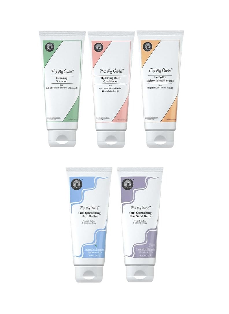 Fix My Curls - Fix My Curls Complete Curl Care Travel Kit| Cleansing Shampoo, Moisturizing Shampoo, Hydrating Conditioner, Hair Butter & Curl Quenching Gelly for Soothing, Moisturizing & Defining Curls|50ml Each - Image 1