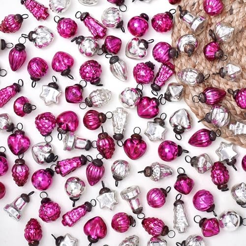100 Pieces Glass Silver Pink Christmas Ornaments Decorative Mercury Mini Vintage Bulk Hanging Ornaments for Halloween Christmas Tree New Year Valentine Day Holidays Event and Wedding Party Decor