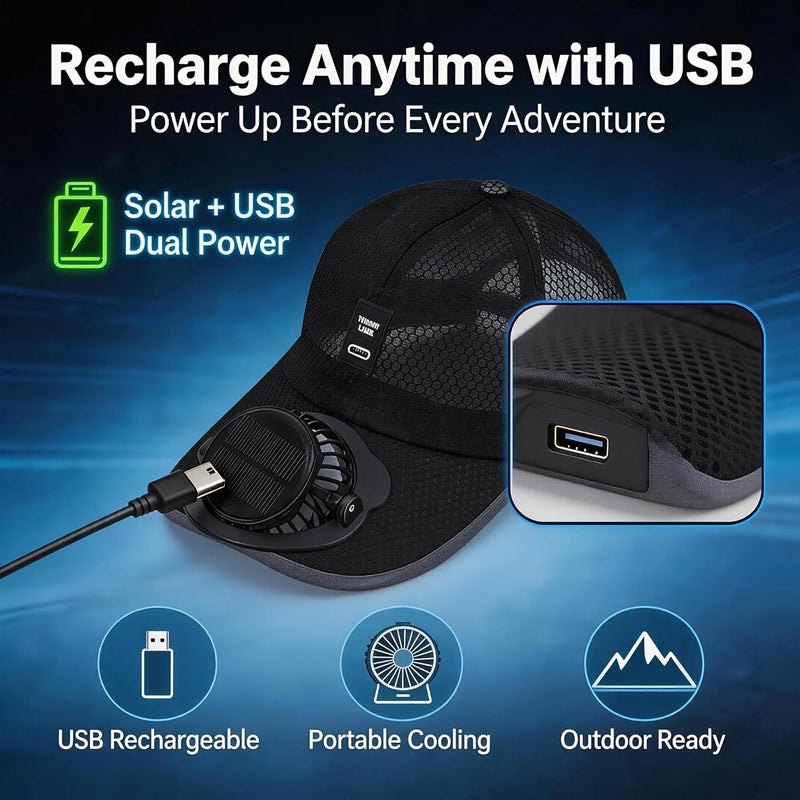 RASSR قبعة مروحة تعمل بالطاقة الشمسية للرجال والنساء – قبعة بيسبول مبردة بمراوح شمسية، شحن USB، قبعة شمسية صيفية للصيد والتخييم والشاطئ - Image 2