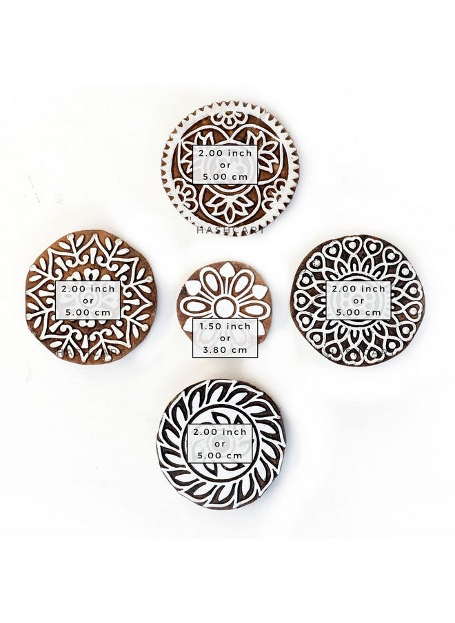 Hashcart Hashcart | Set of 5 | Wooden Handcarved Round Floral Design Wooden Block Stamps for Printing Fabric Saree Border, Fabric, Textile, Paper, Clay, Pottery, Block Printing Stamps  - Image 3