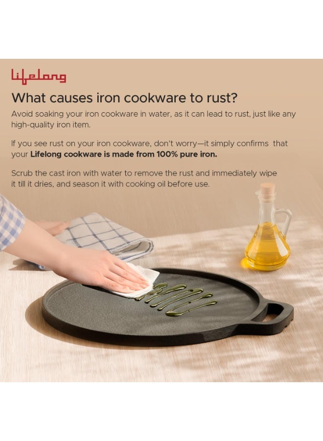 Lifelong Cast Iron Dosa Tawa with Wooden Spatula for Dosa, Uttapam & Chapati | 30 cm, 2.5kg | Tawa & Spatula Set | Pre Seasoned, Non-Toxic, Non-Stick & Teflon Free | Gas & Induction Stove-Friendly - Image 2