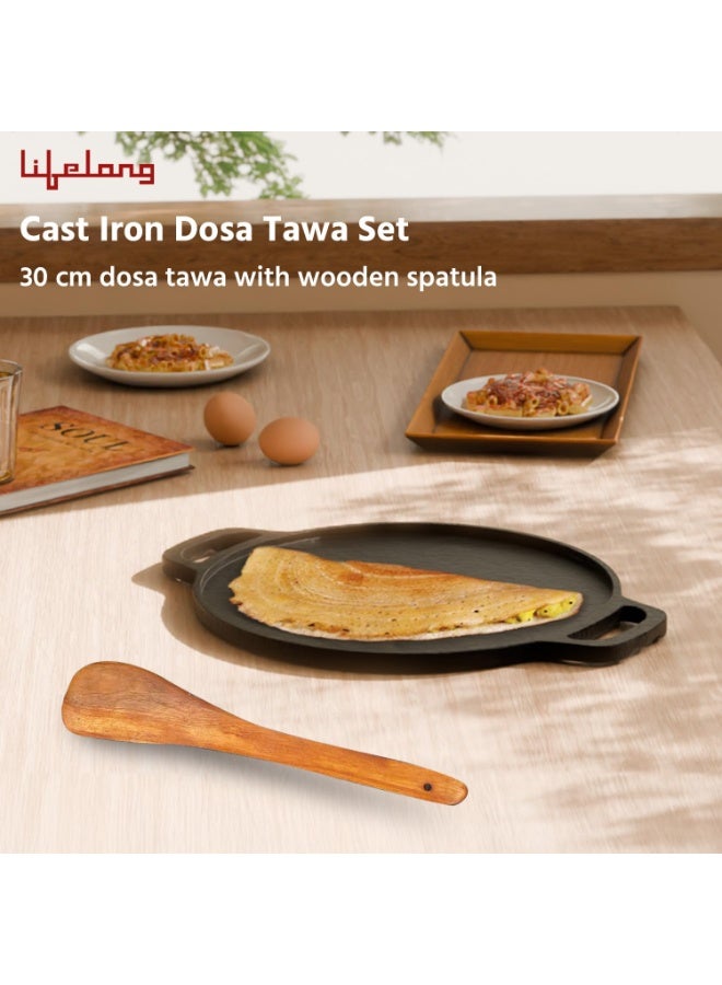Lifelong Cast Iron Dosa Tawa with Wooden Spatula for Dosa, Uttapam & Chapati | 30 cm, 2.5kg | Tawa & Spatula Set | Pre Seasoned, Non-Toxic, Non-Stick & Teflon Free | Gas & Induction Stove-Friendly - Image 3