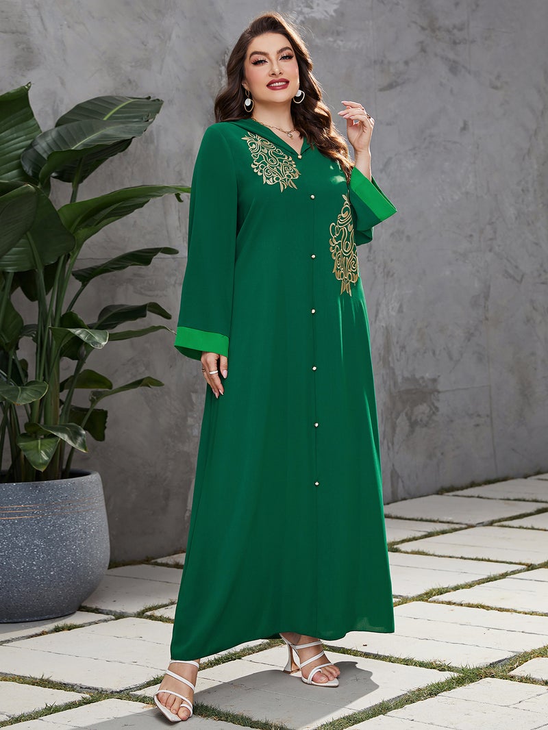 BX-211015 European and American plus size womens clothing Middle East Muslim fashion autumn new hooded robe dress Green - Image 3