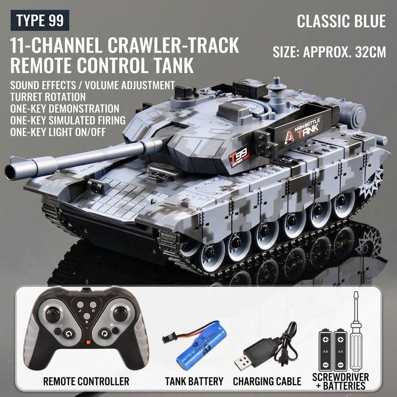 لعبة دبابة مجنزرة جديدة تعمل بالتحكم عن بعد مع قذف رصاص الماء طراز 99 للأطفال كهربائية قابلة للإطلاق موديل T90 محاكاة - 11 قناة دبابة بجنزير بلون تمويه أزرق، تحكم بعصا - Image 1