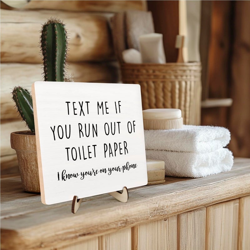 DMADNF Funny Bathroom Sign Decor, Vintage Bathroom Wood Plaque Sign,Bathroom Quote Wooden Plaque Sign With Saying Text Me If You Run Out of Toilet Paper, Farmhouse Decor for Shelf Bathroom Toilet Home Decor - Image 3