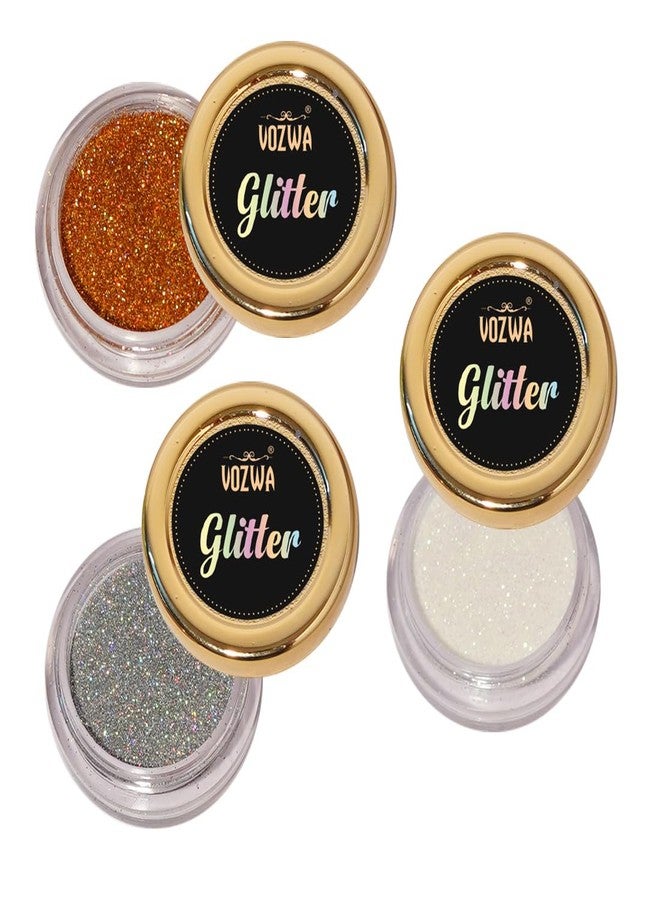 Vozwa Holographic Eye Shadow Glitter Set (Golden + Silver + White) - Image 2