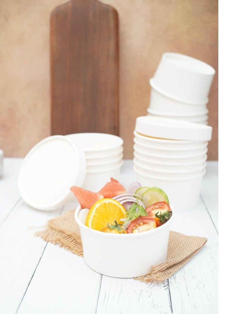 SHOP  SHOPPEE SHOP & SHOPPEE Disposable Thick-Walled Hard Craft Hard Paper Food Container Bowl/Tub with lid - 350 ml (Pack of 25, White) - Image 5