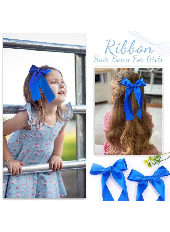 NCMAMA 2Pcs Long Ribbon Hair Bows for Girls Hair Clip Silk Hair Bow Ribbon Hair Accessories for Baby Toddlers Infant Teens Kids (Blue) - Image 2