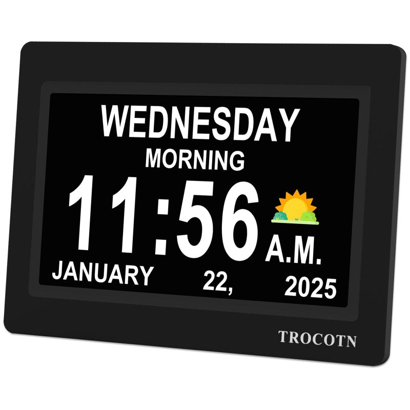 TROCOTN Dementia Clocks Large Display Calendar Alarm Clock with Auto DST for Seniors 5 Display Modes Large Font Digital Clock with Custom Alarms Day Date Clocks 7 Inch Black