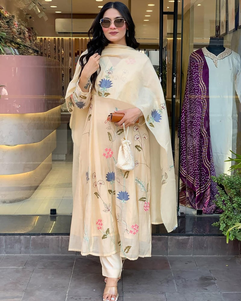 Toochki Kurti Set for Women | Anarkali Fit & Flared Kurtas for Women's | Cotton Kurtis for Woman | Kurta with Palazzo & Dupatta | Ethnic Salwar Suits Sets Beige - Image 5