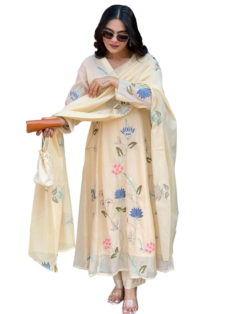 Toochki Kurti Set for Women | Anarkali Fit & Flared Kurtas for Women's | Cotton Kurtis for Woman | Kurta with Palazzo & Dupatta | Ethnic Salwar Suits Sets Beige - Image 1