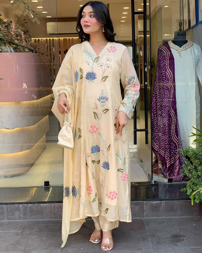 Toochki Kurti Set for Women | Anarkali Fit & Flared Kurtas for Women's | Cotton Kurtis for Woman | Kurta with Palazzo & Dupatta | Ethnic Salwar Suits Sets Beige - Image 3