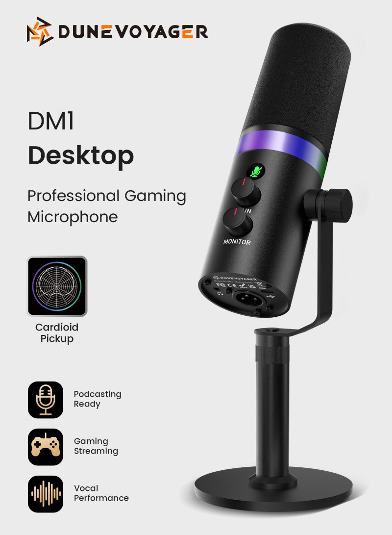 مسافر الكثبان ميكروفون DM1 مكتبي للألعاب والبث والبودكاست، ميكروفون ديناميكي قلبي USB/XLR، كتم بلمسة واحدة، إضاءة RGB، جودة فاخرة بهيكل معدني بالكامل، مراقبة سماعة الرأس - Image 1