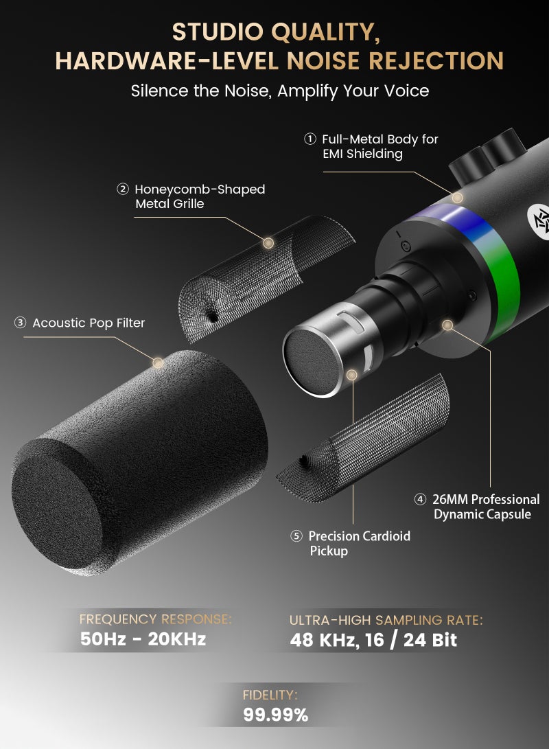 مسافر الكثبان ميكروفون DM1 مكتبي للألعاب والبث والبودكاست، ميكروفون ديناميكي قلبي USB/XLR، كتم بلمسة واحدة، إضاءة RGB، جودة فاخرة بهيكل معدني بالكامل، مراقبة سماعة الرأس - Image 3