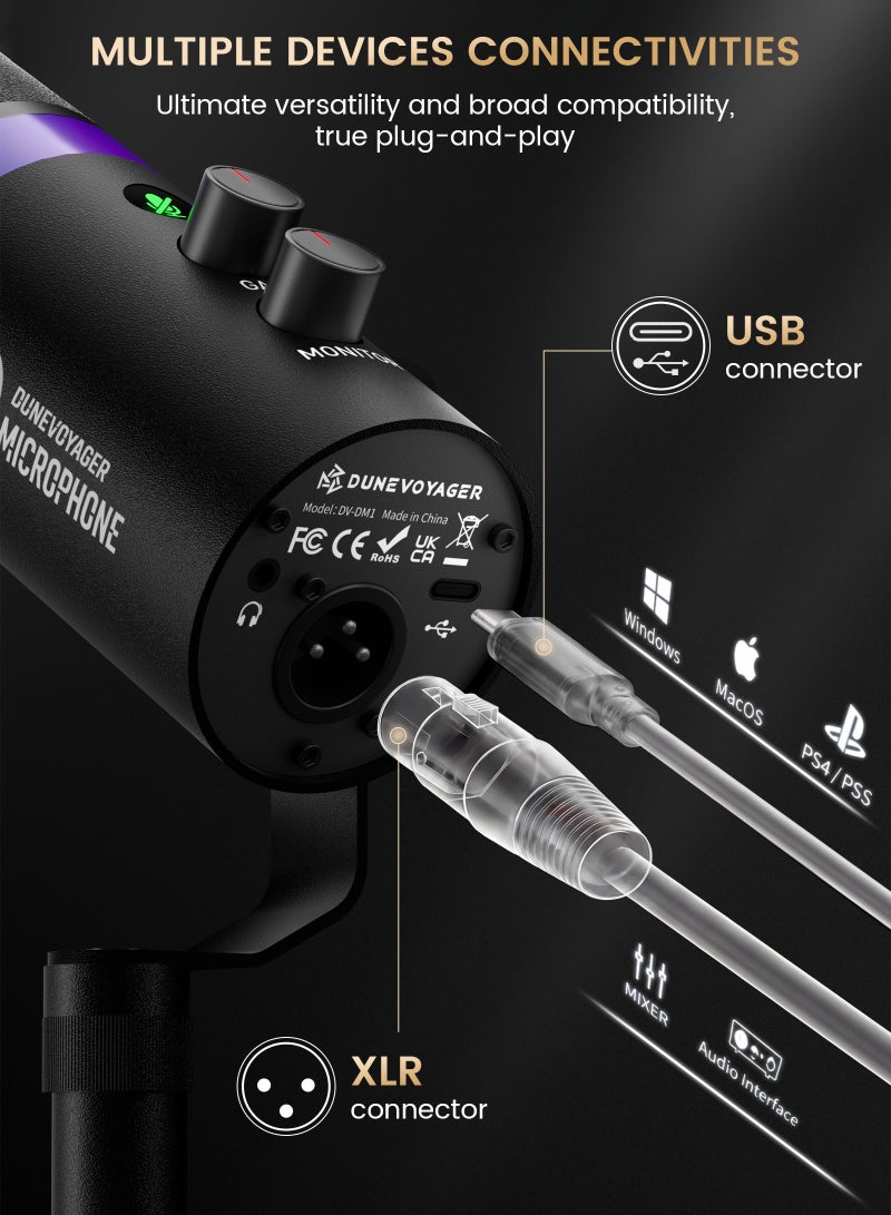 مسافر الكثبان ميكروفون DM1 مكتبي للألعاب والبث والبودكاست، ميكروفون ديناميكي قلبي USB/XLR، كتم بلمسة واحدة، إضاءة RGB، جودة فاخرة بهيكل معدني بالكامل، مراقبة سماعة الرأس - Image 2