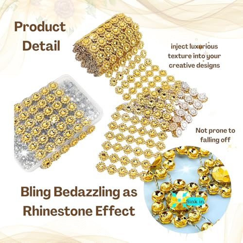 Flavizo 6 Rows Crystal Rhinestone Ribbon Strips - Sunflower Decorative Bling Diamond Glitter Tape Roll for Fabric, Clothing & DIY Crafts (Golden, 1 Yard / 0.9m) - Image 3