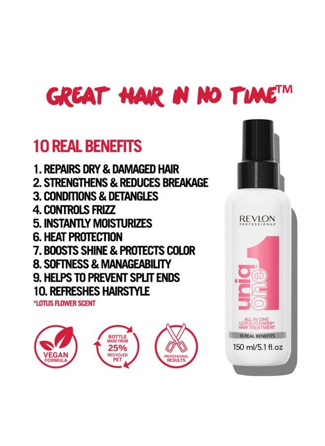 Revlon - REVLON PROFESSIONAL UniqOne Hair Treatment, Moisturizing Leave-In Product, Repair For Dry and Damaged Hair, Promotes Healthy Hair, Lotus Flower Fragrance, 5.1 Fl Oz (Pack of 1) - Image 1