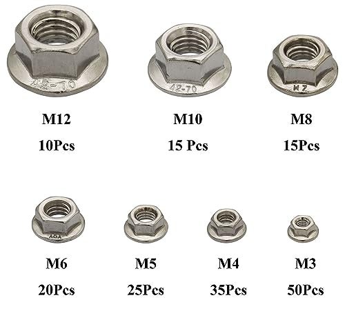 Raogoodcx 170Pcs M3 M4 M5 M6 M8 M10 M12 304 Stainless Steel Hex Flange Nuts Assortment Kit - Image 3