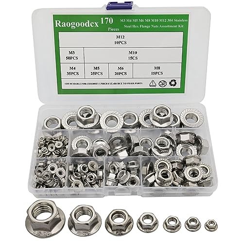 Raogoodcx 170Pcs M3 M4 M5 M6 M8 M10 M12 304 Stainless Steel Hex Flange Nuts Assortment Kit - Image 1