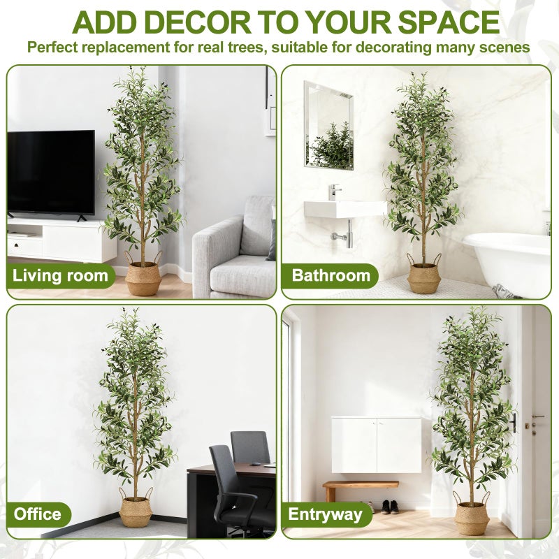 TNELTUEB Faux Olive Tree 6FT - Indoor Tall Artificial Olive Trees with Planter & Basket and Lights, Artificial Plants with Natural Wood Trunk and Realistic Fruits for Home Living Room Office Decor - Image 3