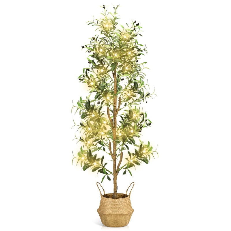 TNELTUEB Faux Olive Tree 6FT - Indoor Tall Artificial Olive Trees with Planter & Basket and Lights, Artificial Plants with Natural Wood Trunk and Realistic Fruits for Home Living Room Office Decor - Image 1