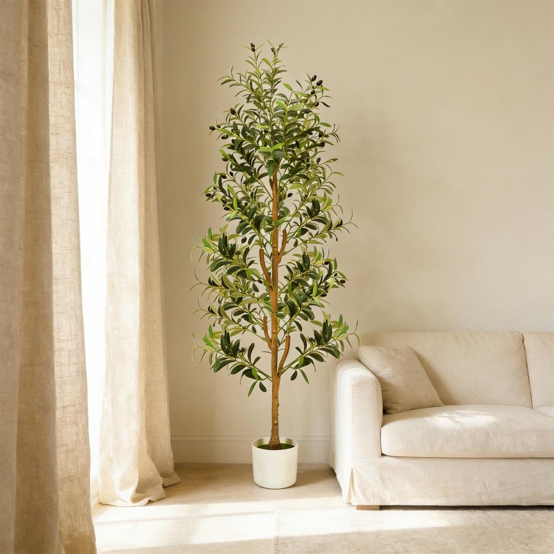 TNELTUEB Faux Olive Tree 6FT - Indoor Tall Artificial Olive Trees with Planter & Basket and Lights, Artificial Plants with Natural Wood Trunk and Realistic Fruits for Home Living Room Office Decor - Image 4