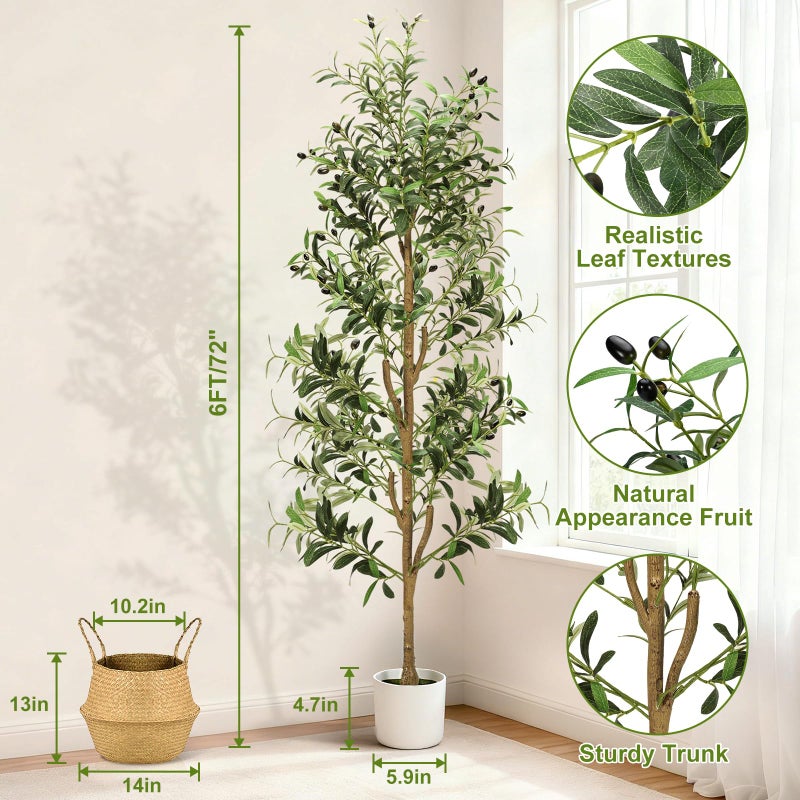 TNELTUEB Faux Olive Tree 6FT - Indoor Tall Artificial Olive Trees with Planter & Basket and Lights, Artificial Plants with Natural Wood Trunk and Realistic Fruits for Home Living Room Office Decor - Image 2