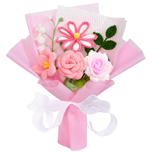 Ecerangus Crochet Flower Bouquet, Handmade Crochet Flowers Knitted Flowers Bouquet for Mother's Day Anniversary Birthday Graduation Lover Valentines Day Gifts(Pink) - Image 1