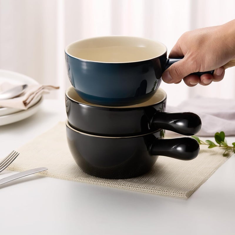 Kook French Onion Soup Crocks, Stackable Ceramic Bowls with Handles, Oven, Microwave and Dishwasher Safe, for Cereal, Soups, Casseroles, with Handle, Stoneware, 24 oz, Set of 4, Black - Image 3