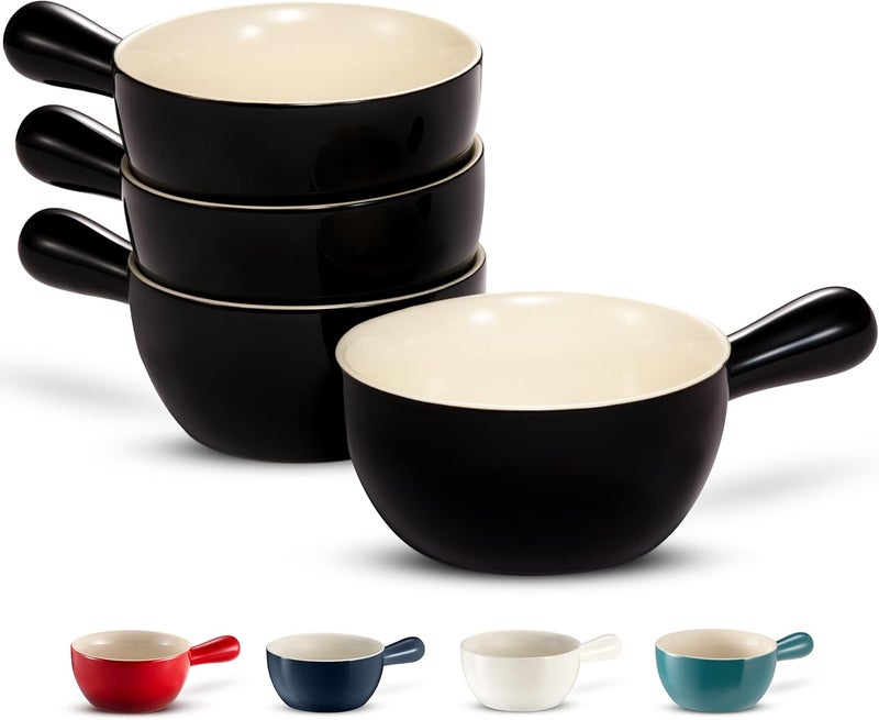 Kook French Onion Soup Crocks, Stackable Ceramic Bowls with Handles, Oven, Microwave and Dishwasher Safe, for Cereal, Soups, Casseroles, with Handle, Stoneware, 24 oz, Set of 4, Black - Image 1