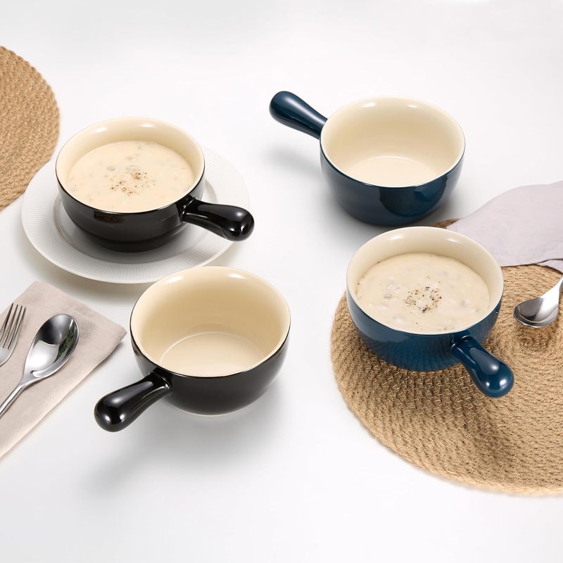Kook French Onion Soup Crocks, Stackable Ceramic Bowls with Handles, Oven, Microwave and Dishwasher Safe, for Cereal, Soups, Casseroles, with Handle, Stoneware, 24 oz, Set of 4, Black - Image 4