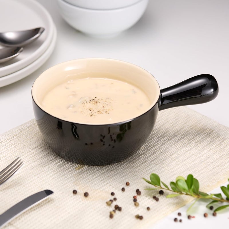 Kook French Onion Soup Crocks, Stackable Ceramic Bowls with Handles, Oven, Microwave and Dishwasher Safe, for Cereal, Soups, Casseroles, with Handle, Stoneware, 24 oz, Set of 4, Black - Image 2