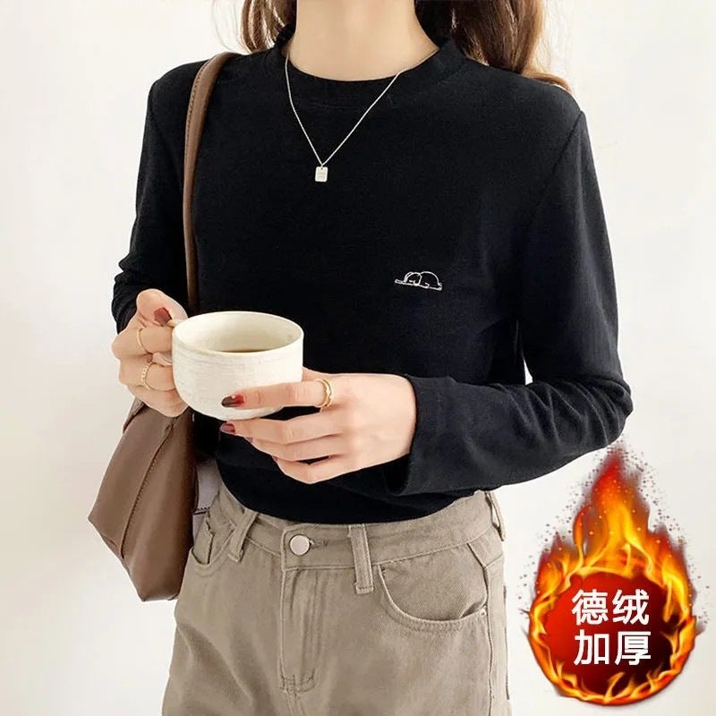 German velvet white bottoming shirt womens autumn and winter new style embroidery long sleeve sanding fleece-lined T-shirt round neck top Black - Image 1