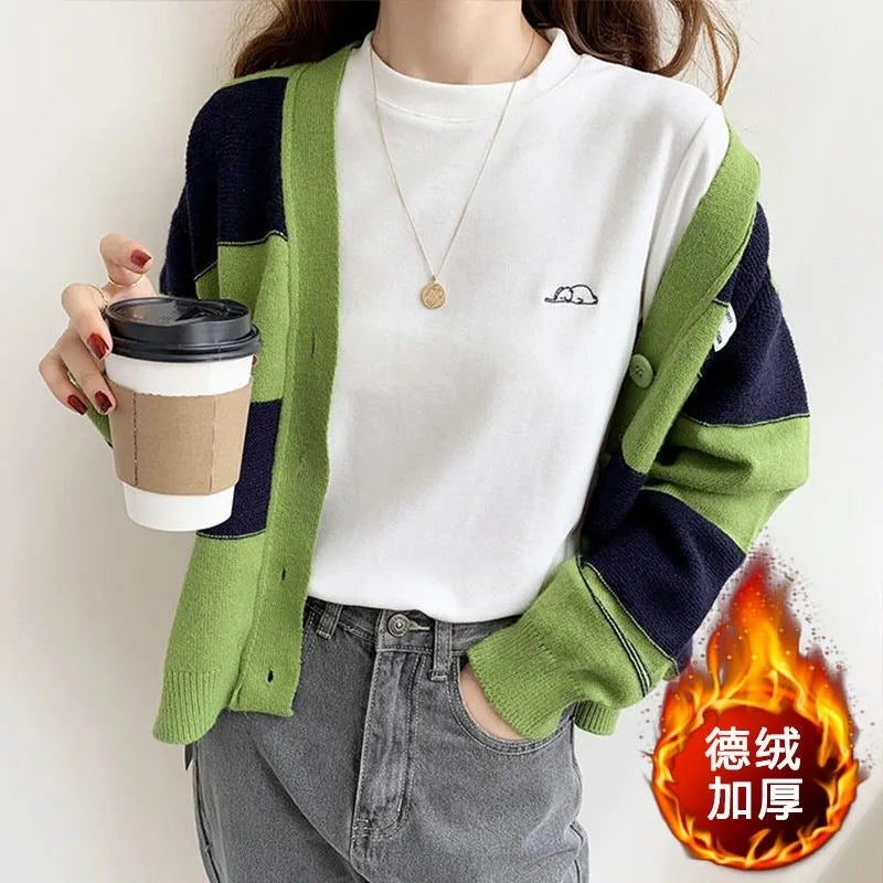 German velvet white bottoming shirt womens autumn and winter new style embroidery long sleeve sanding fleece-lined T-shirt round neck top Black - Image 2