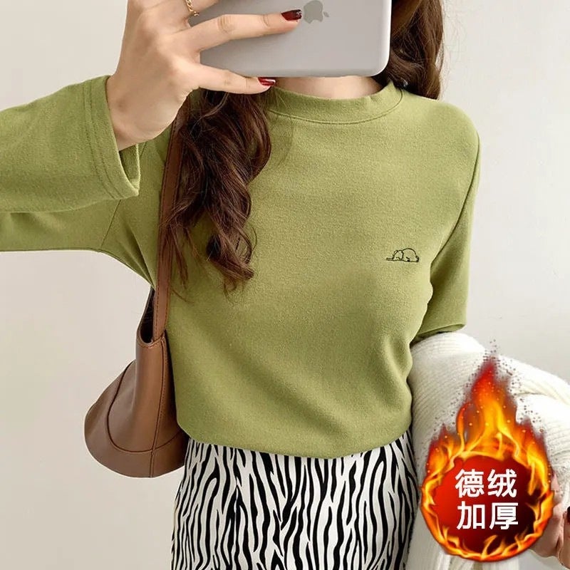 German velvet white bottoming shirt womens autumn and winter new style embroidery long sleeve sanding fleece-lined T-shirt round neck top Black - Image 4