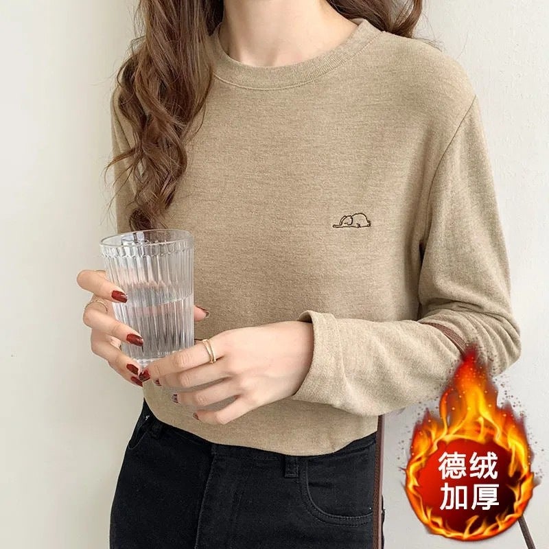 German velvet white bottoming shirt womens autumn and winter new style embroidery long sleeve sanding fleece-lined T-shirt round neck top Black - Image 3