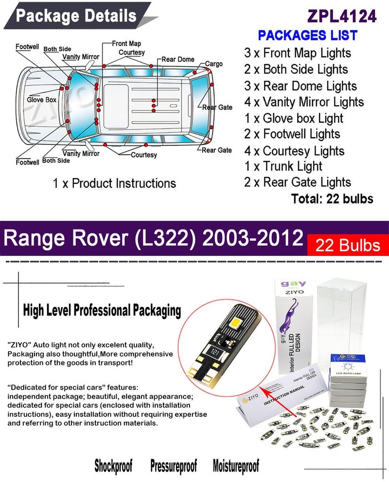 ZIYOLIGHT ZIYO ZPL4124 - (22 Bulbs) LED Interior Light Kit Replacement for Land Rover Range Rover L322 2003-2012, 6000K Xenon White Dome Light Bulbs Upgrade Error Free - Image 2